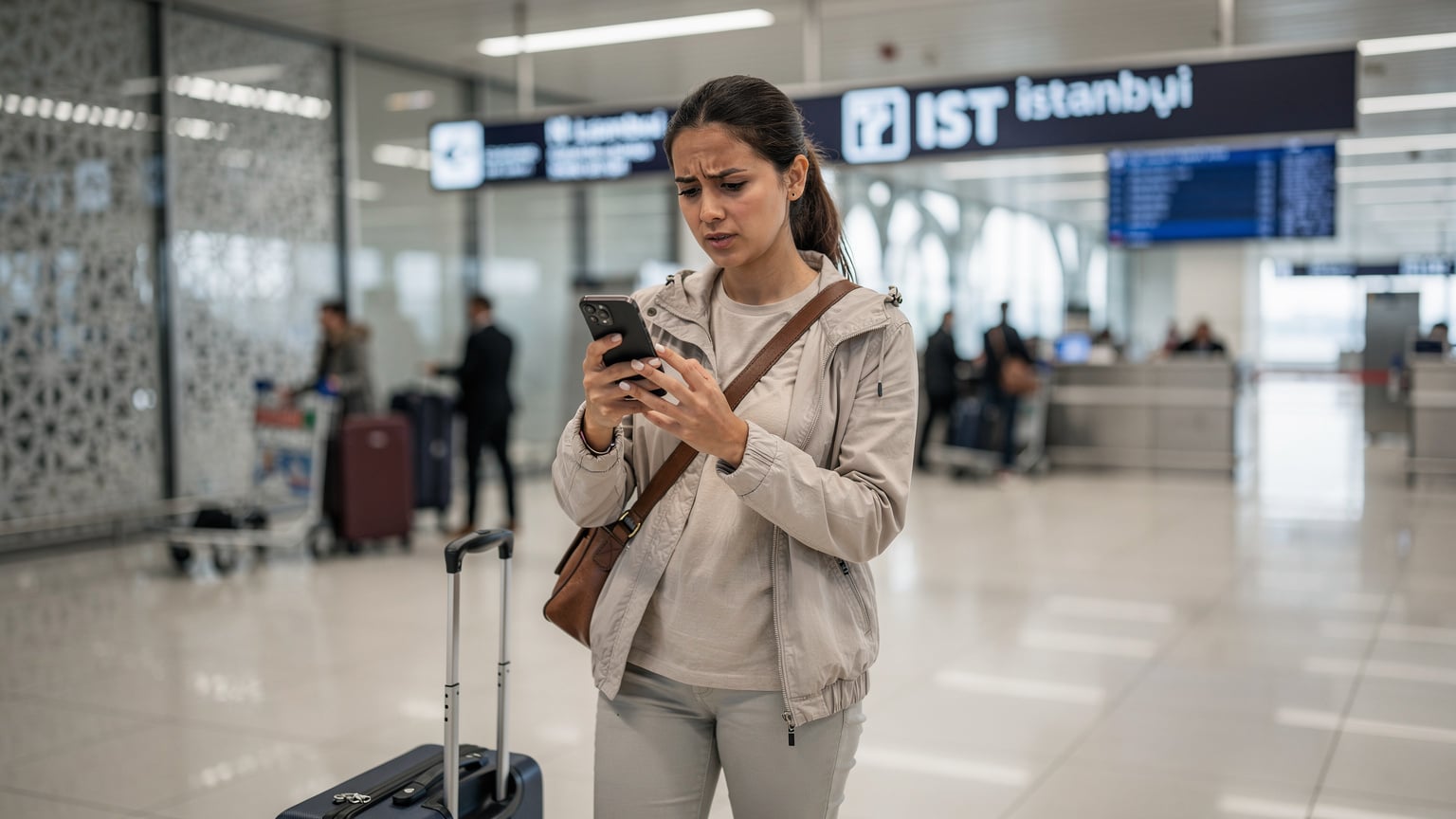 İstanbul Havalimanı'nda, pasaport kontrolünden yeni geçmiş bir gezgin, telefonundaki eSIM QR kodunu tarayarak bağlantı kurmaya çalışıyor. Yüzünde hafif bir endişe, başarılı bir bağlantı umudu var.