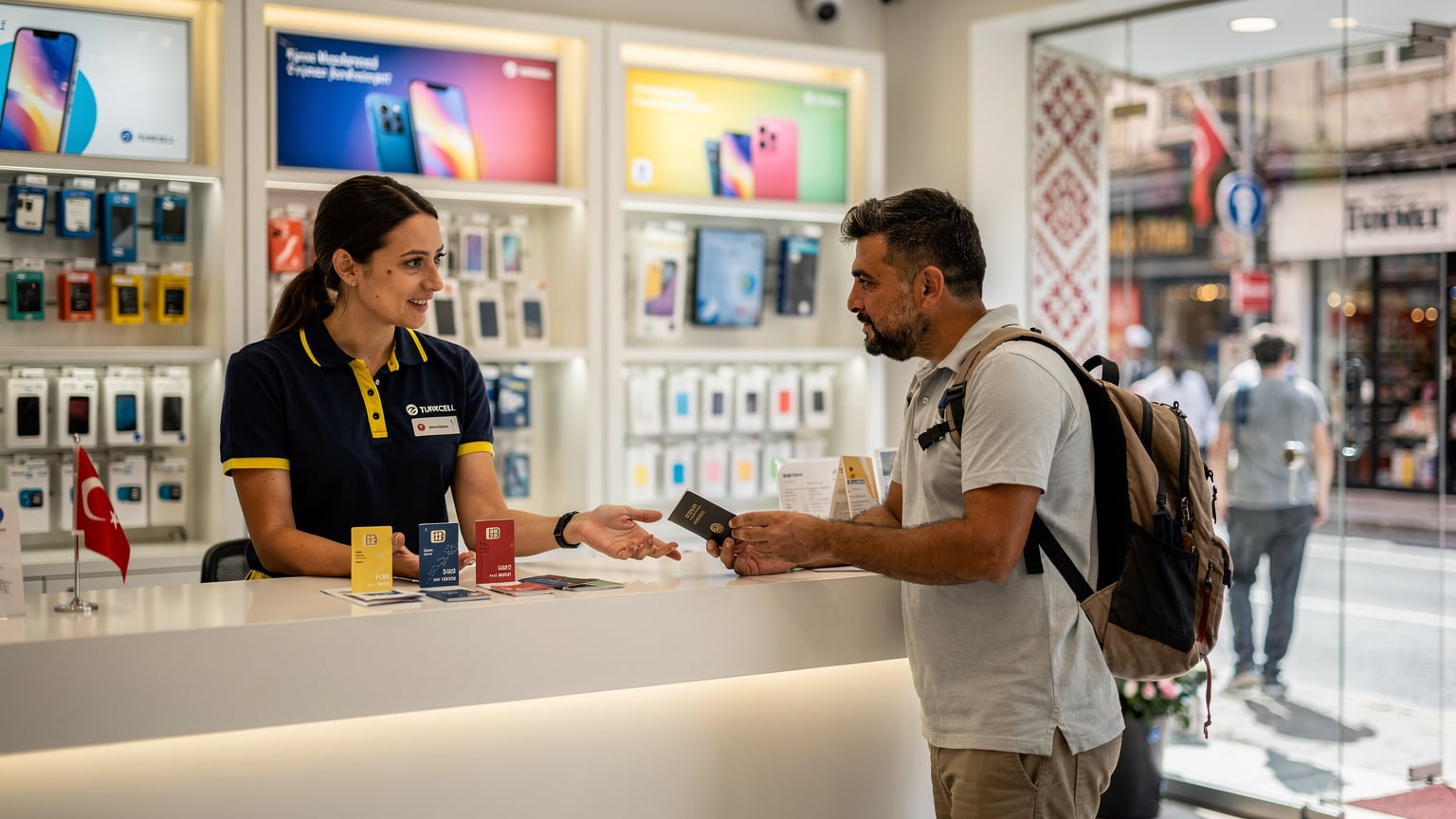 Bir Turkcell mağazasında, güler yüzlü bir satış danışmanı, yabancı bir müşteriye fiziksel SIM kart paketleri hakkında bilgi veriyor. Müşteri, pasaportunu danışmana uzatmış, dikkatle dinliyor.