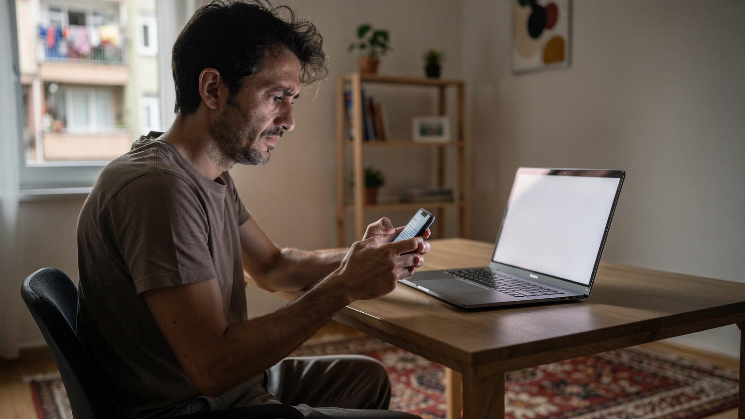 Bir dijital göçebe, laptopu açıkken telefonundaki bir bankacılık uygulamasında kimlik doğrulama hatası alıyor, yüzünde hafif bir hayal kırıklığı ve şaşkınlık ifadesi var.