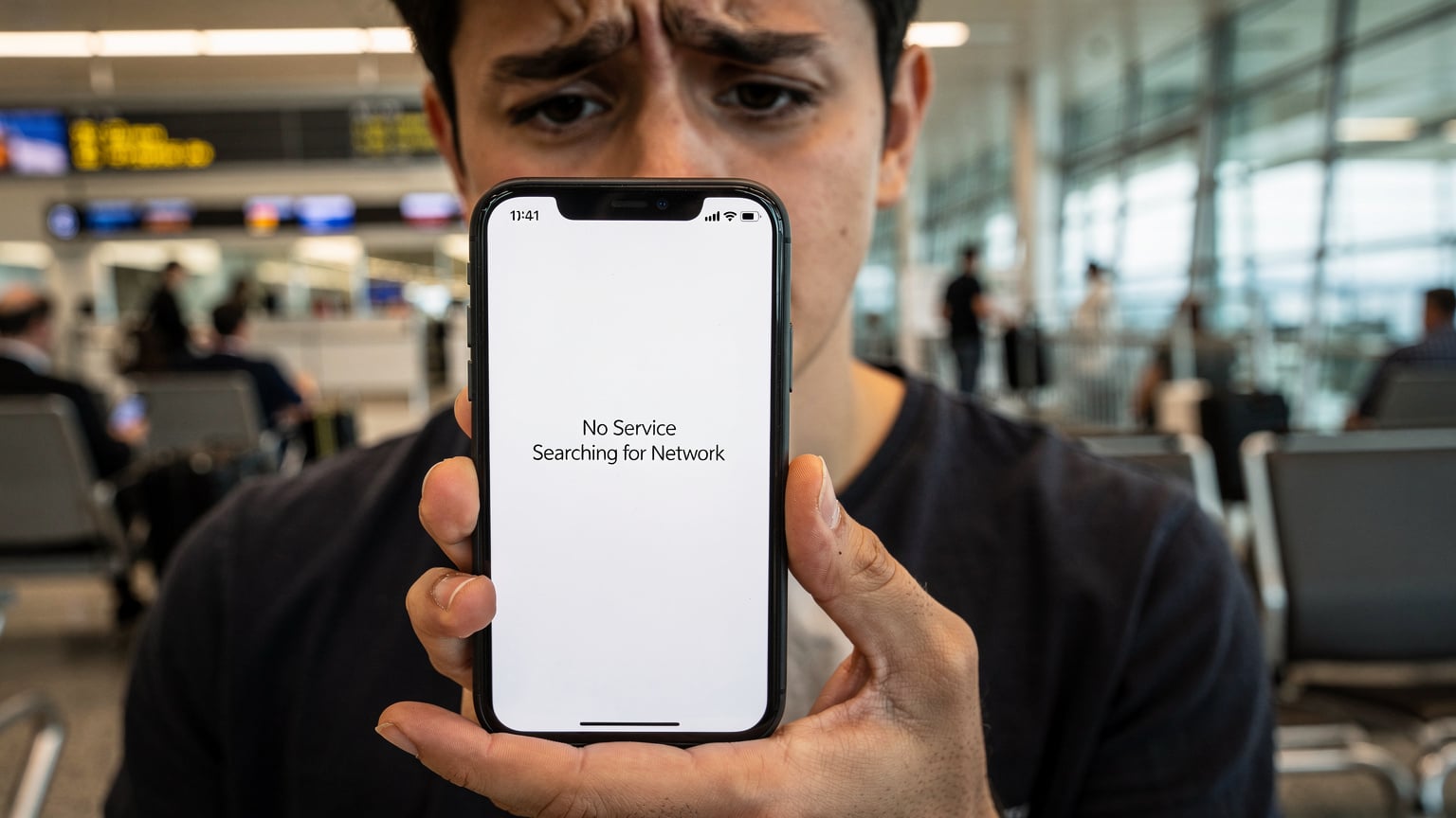 A close-up of a person's hand holding a smartphone, looking at a 'No Service' error message with a concerned expression, against a blurred background of a busy airport departure lounge.