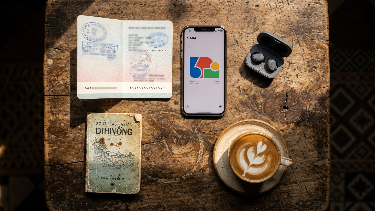 An overhead flat-lay shot on a rustic wooden table, featuring a passport, a smartphone displaying a travel eSIM app, a pair of wireless earbuds, a small travel guide, and a local artisanal coffee, suggesting preparation for an adventure.