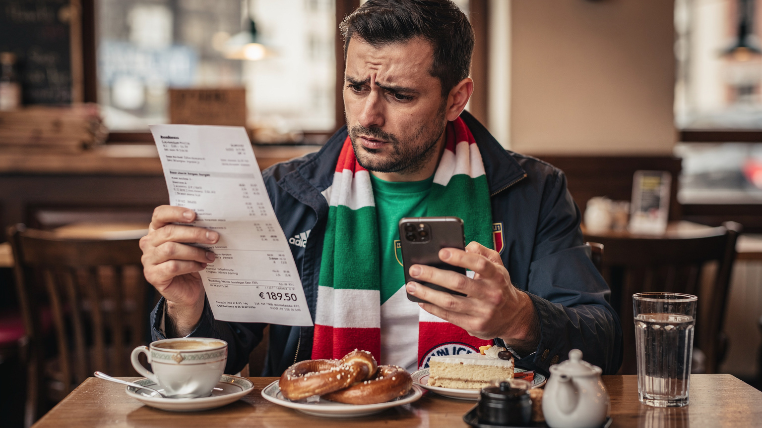 Un tifoso italiano perplesso esamina la bolletta telefonica con i costi di roaming gonfiati mentre è seduto in un caffè tedesco, simbolo dei problemi che l'eSIM risolve.