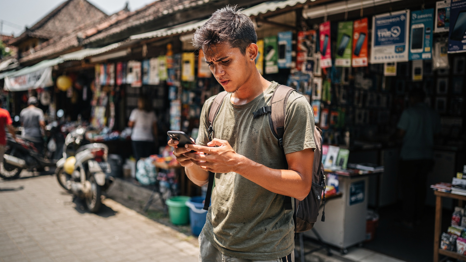 Seorang backpacker sedang membandingkan harga paket data di ponselnya, dengan latar belakang deretan toko-toko kecil yang menjual SIM card lokal di dekat sebuah pasar tradisional di Denpasar.