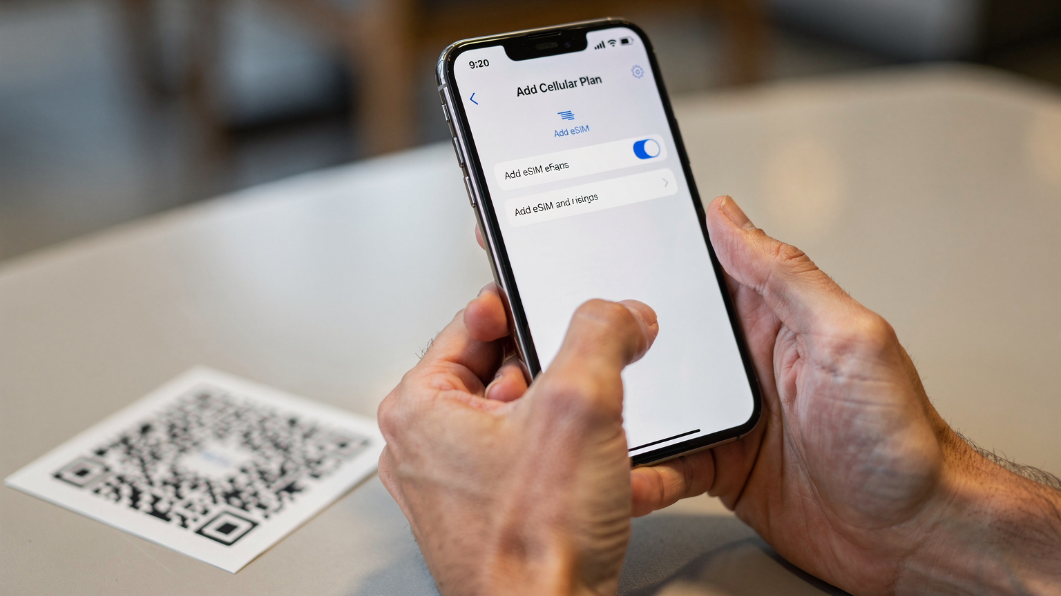 Tampilan close-up tangan seseorang yang sedang memegang ponsel modern, menampilkan layar pengaturan seluler untuk menambahkan eSIM, dengan QR code eSIM yang sudah discan dan menunggu konfirmasi.