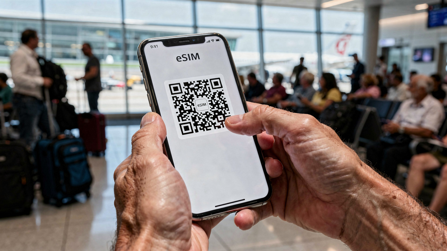 Hände eines Erwachsenen scannen einen QR-Code für die eSIM-Installation von einem ausgedruckten Blatt Papier, im Hintergrund ein belebtes Flughafen-Gate.