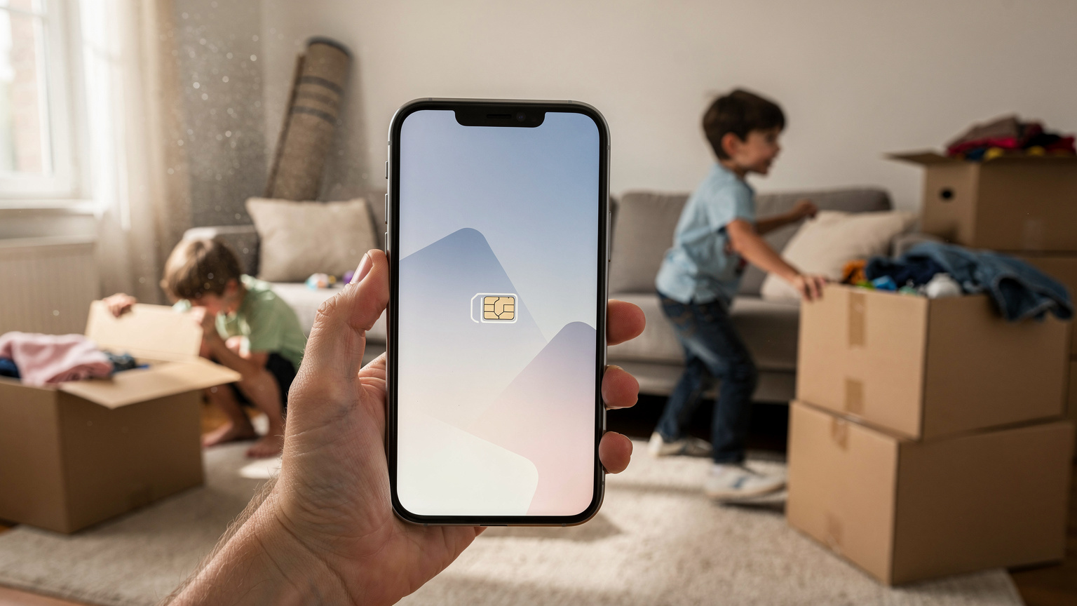 Ein Smartphone zeigt den Bildschirm mit der Aufforderung zur eSIM-Installation, während im Hintergrund ein chaotisches Wohnzimmer mit Umzugskartons und spielenden Kindern zu sehen ist.