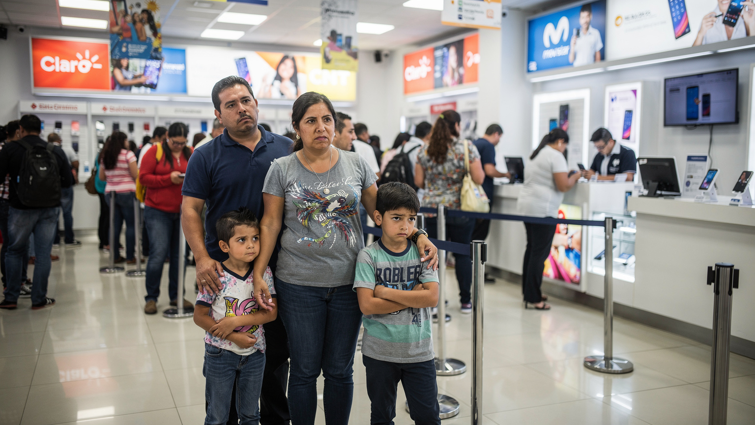 Eine Familie steht frustriert in einer langen Schlange in einem überfüllten ecuadorianischen Mobilfunkgeschäft.