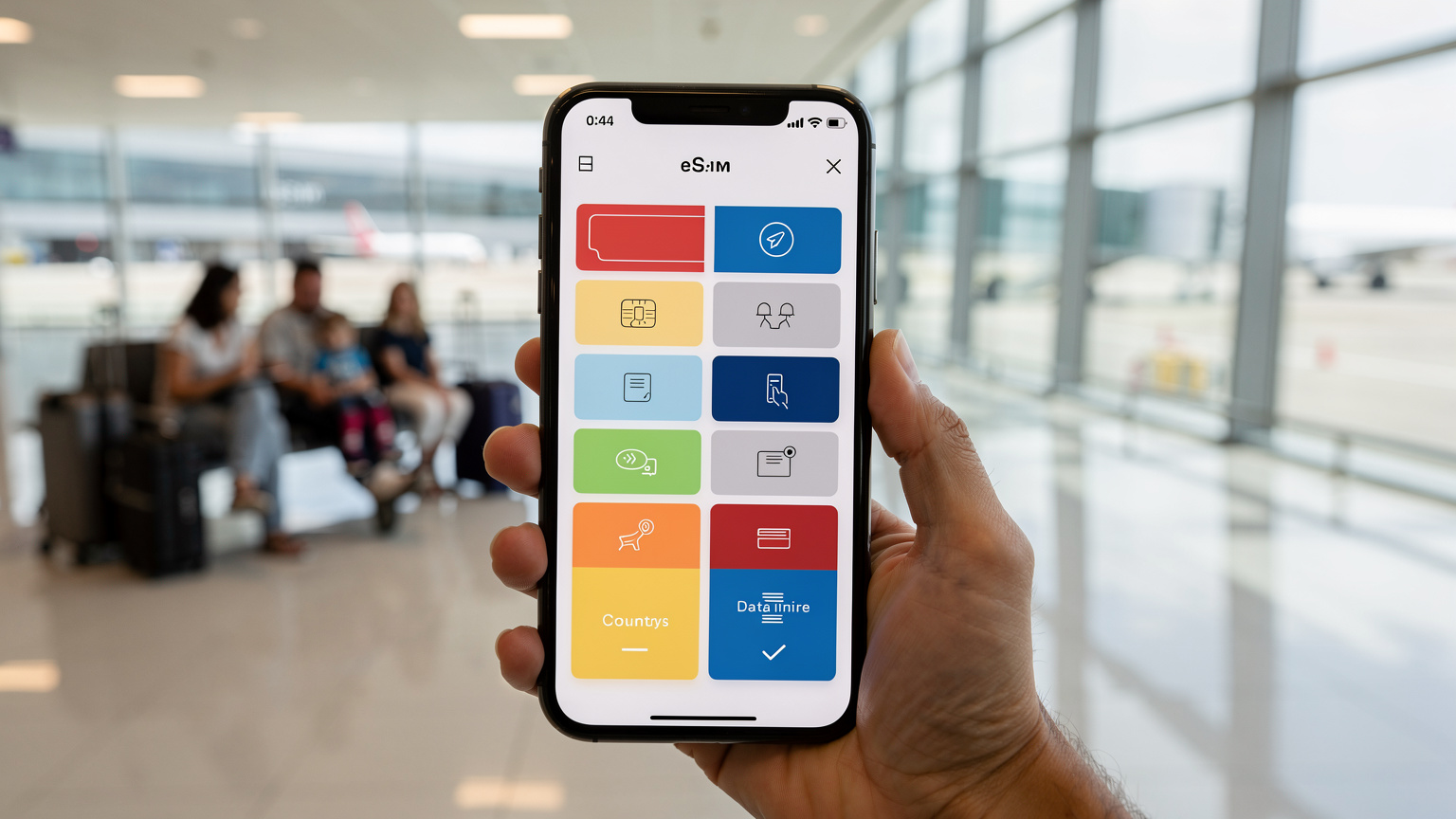 Eine Nahaufnahme eines Smartphones, auf dem eine Cellesim-App geöffnet ist, die verschiedene eSIM-Angebote für Reiseländer anzeigt. Im Hintergrund sind unscharf ein Flughafen-Gate und eine Familie mit Gepäck zu sehen.