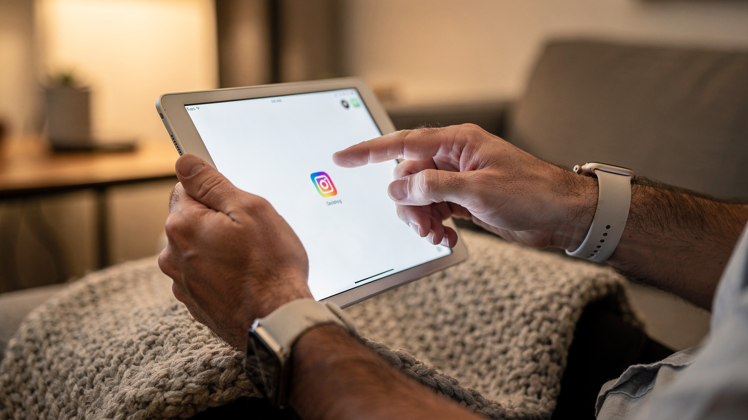 Nahaufnahme der Hände eines Vaters, der auf einem Tablet für Kinder eine kindgerechte App vorinstalliert, während eine Apple Watch am Handgelenk sichtbar ist.