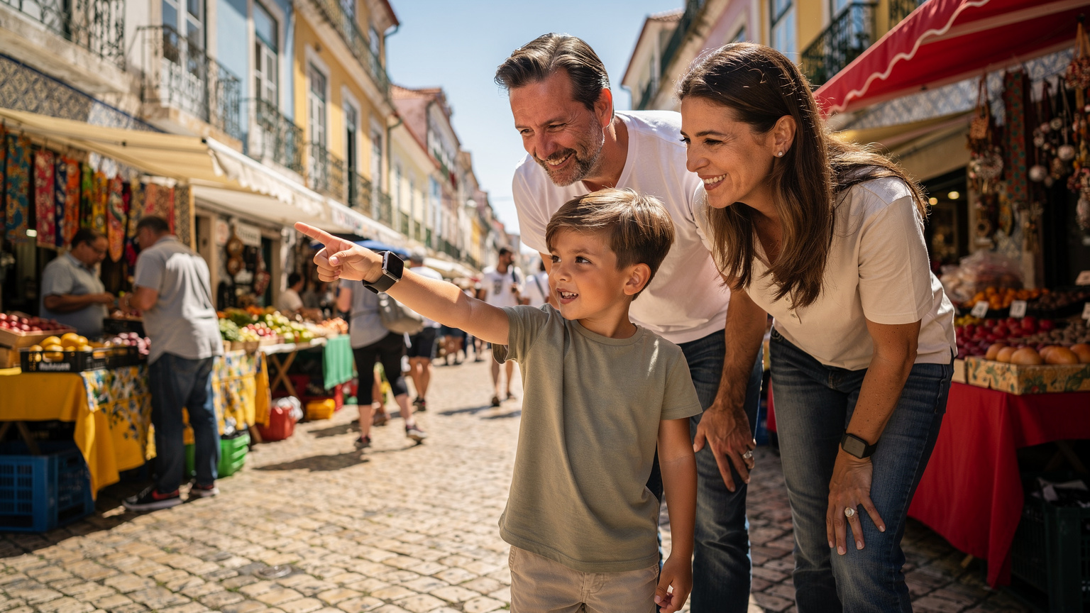 Ein Kind mit einer Apple Watch am Handgelenk zeigt seinen Eltern auf einem belebten Markt in Lissabon den Weg, während die Familie die Navigation auf der Uhr verfolgt.