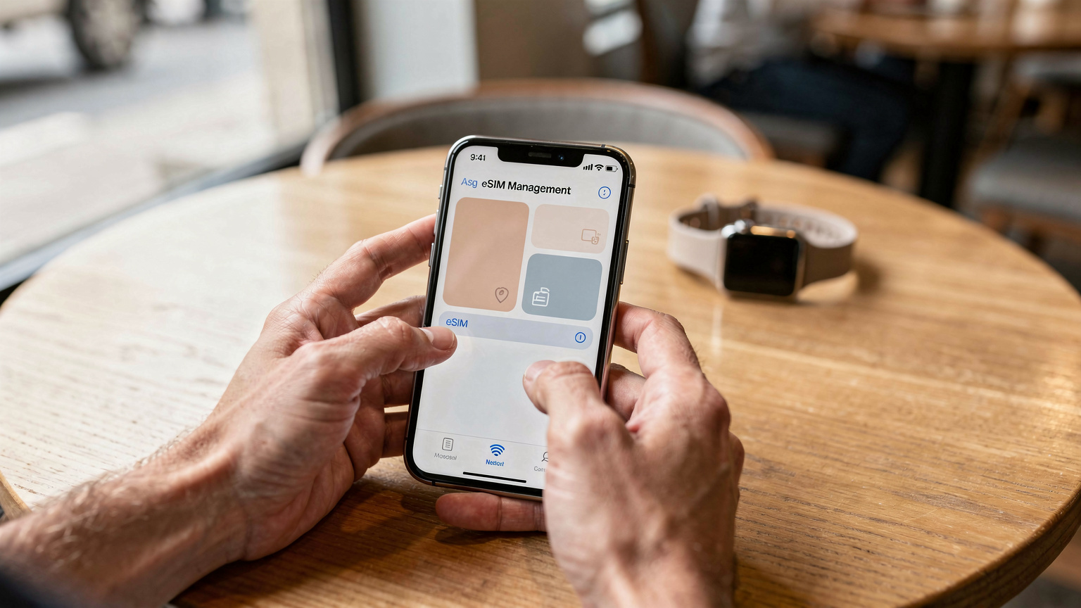 Eine Nahaufnahme eines Smartphones, das eine eSIM-Verwaltungs-App anzeigt, während im Hintergrund eine Apple Watch auf einem Tisch liegt. Der Fokus liegt auf den Konnektivitätseinstellungen.