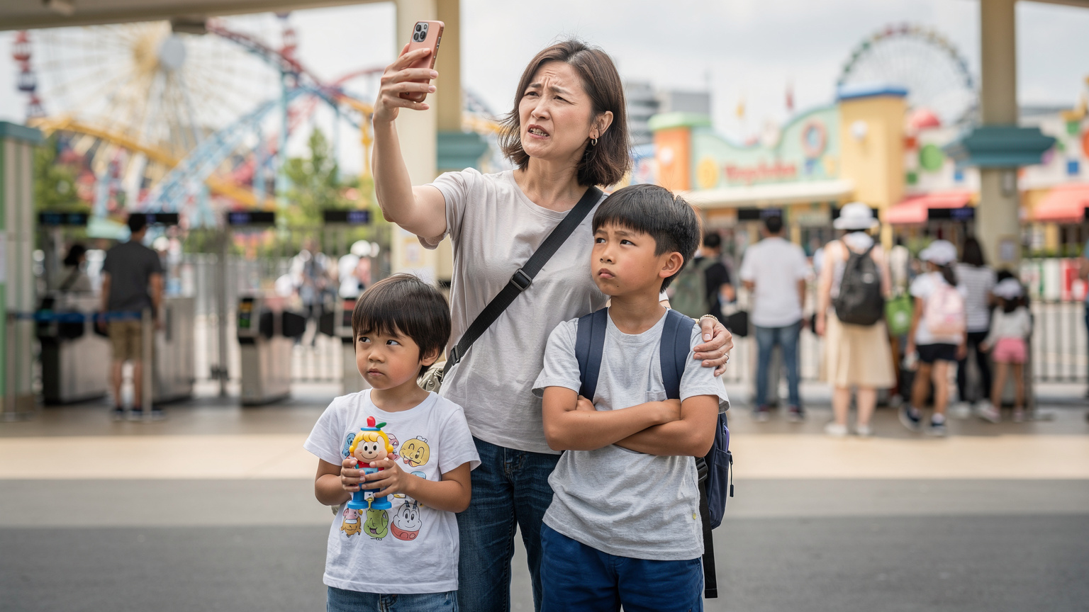 Seorang ibu sedang mencari sinyal ponsel dengan ekspresi khawatir di area pintu masuk taman hiburan yang ramai di Tokyo, Jepang, sementara anak-anaknya terlihat bosan menunggu.