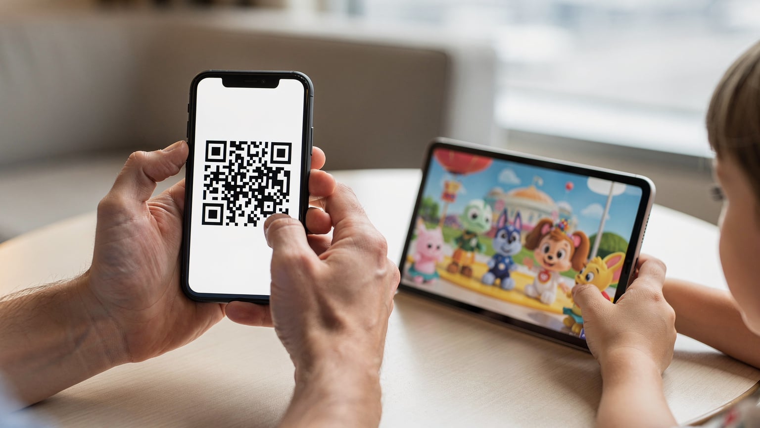 Tangan seorang ayah sedang memegang ponsel dengan layar kode QR eSIM yang siap dipindai, di samping tangan anak perempuannya yang sedang memegang tablet yang menampilkan kartun Disney+.