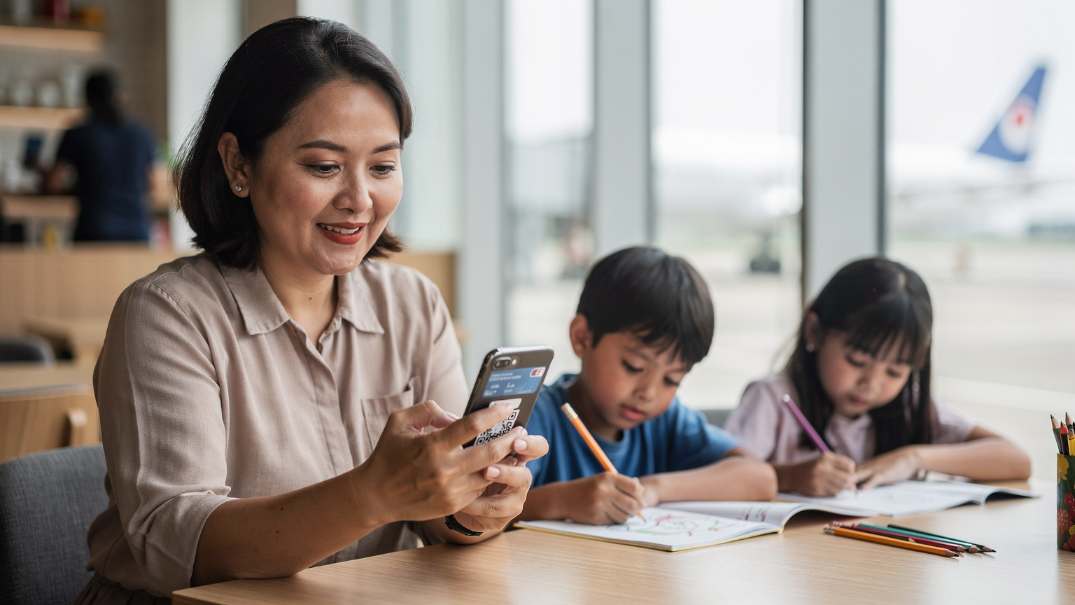 Seorang ibu sedang dengan mudah memindai kode QR eSIM di ponselnya di sebuah kafe bandara yang tenang, sementara anak-anaknya bermain dengan buku gambar di meja yang sama.