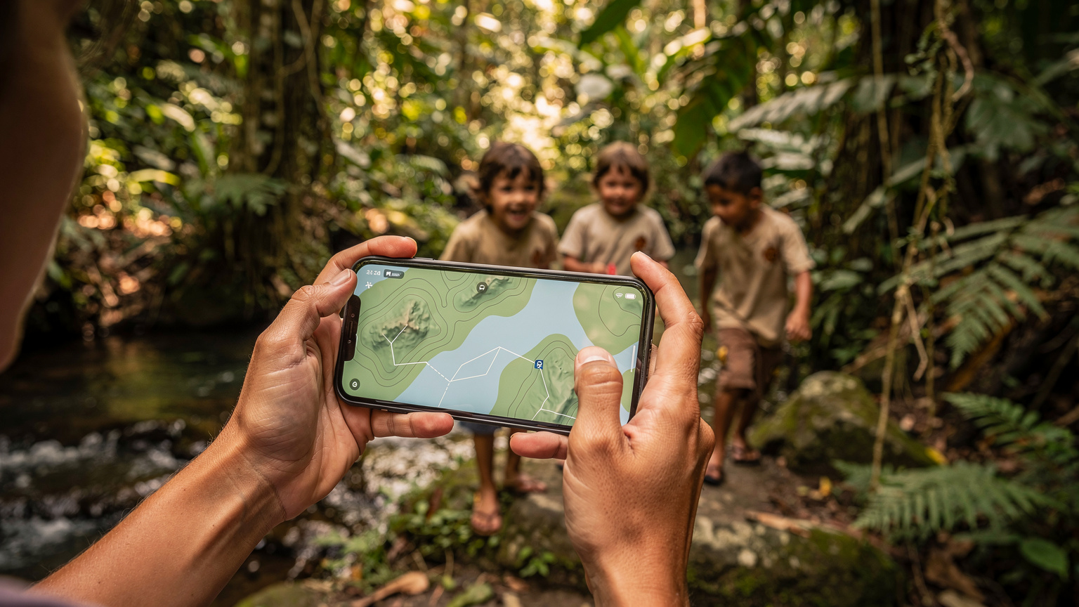 Seorang ibu memegang ponsel yang menampilkan peta offline di tengah hutan tropis yang lebat di Bali, dengan anak-anaknya bermain di dekatnya, menunjukkan pentingnya konektivitas di daerah terpencil.