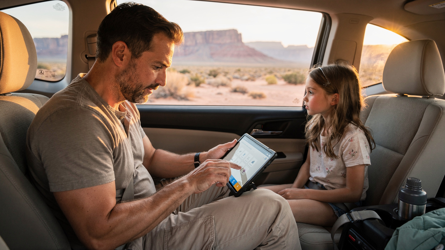 Un padre configura el control parental en una tableta infantil mientras su hija mira por la ventana del coche, en un paisaje desértico de Arizona, con el Gran Cañón implícito en la distancia.