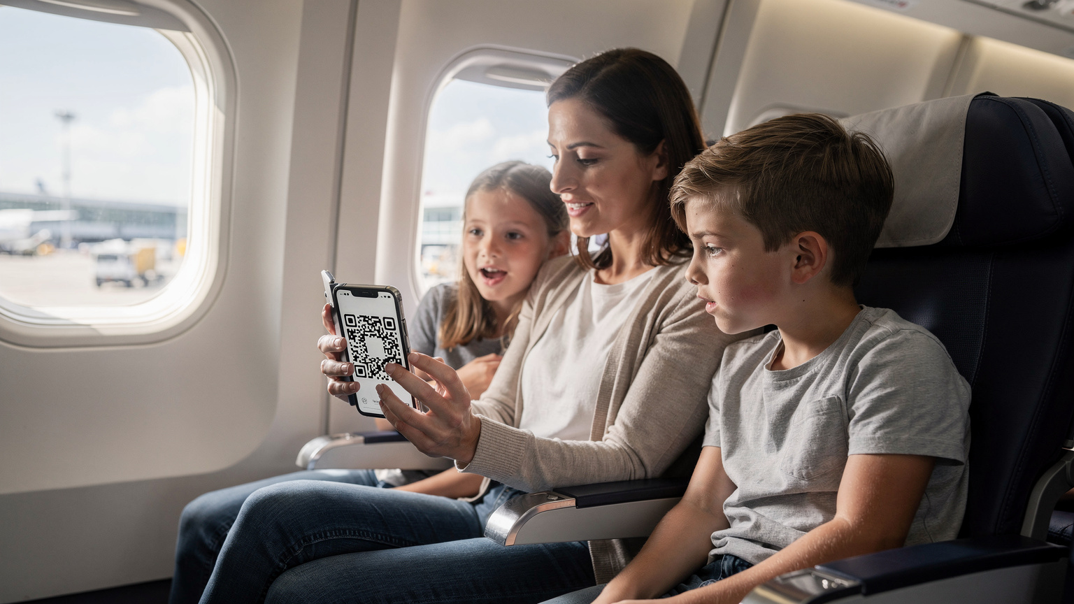 Una madre activa una eSIM en su teléfono mientras sus dos hijos miran con curiosidad, sentados en un avión justo antes del despegue, anticipando su viaje a Estados Unidos.
