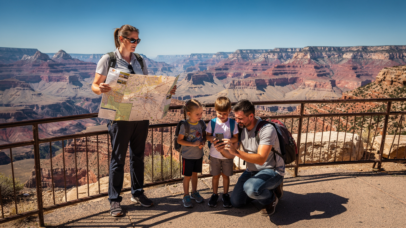 Un grupo familiar revisa un mapa físico y su teléfono en un mirador del Gran Cañón, con el impresionante paisaje de fondo, indicando la mezcla de navegación tradicional y digital.