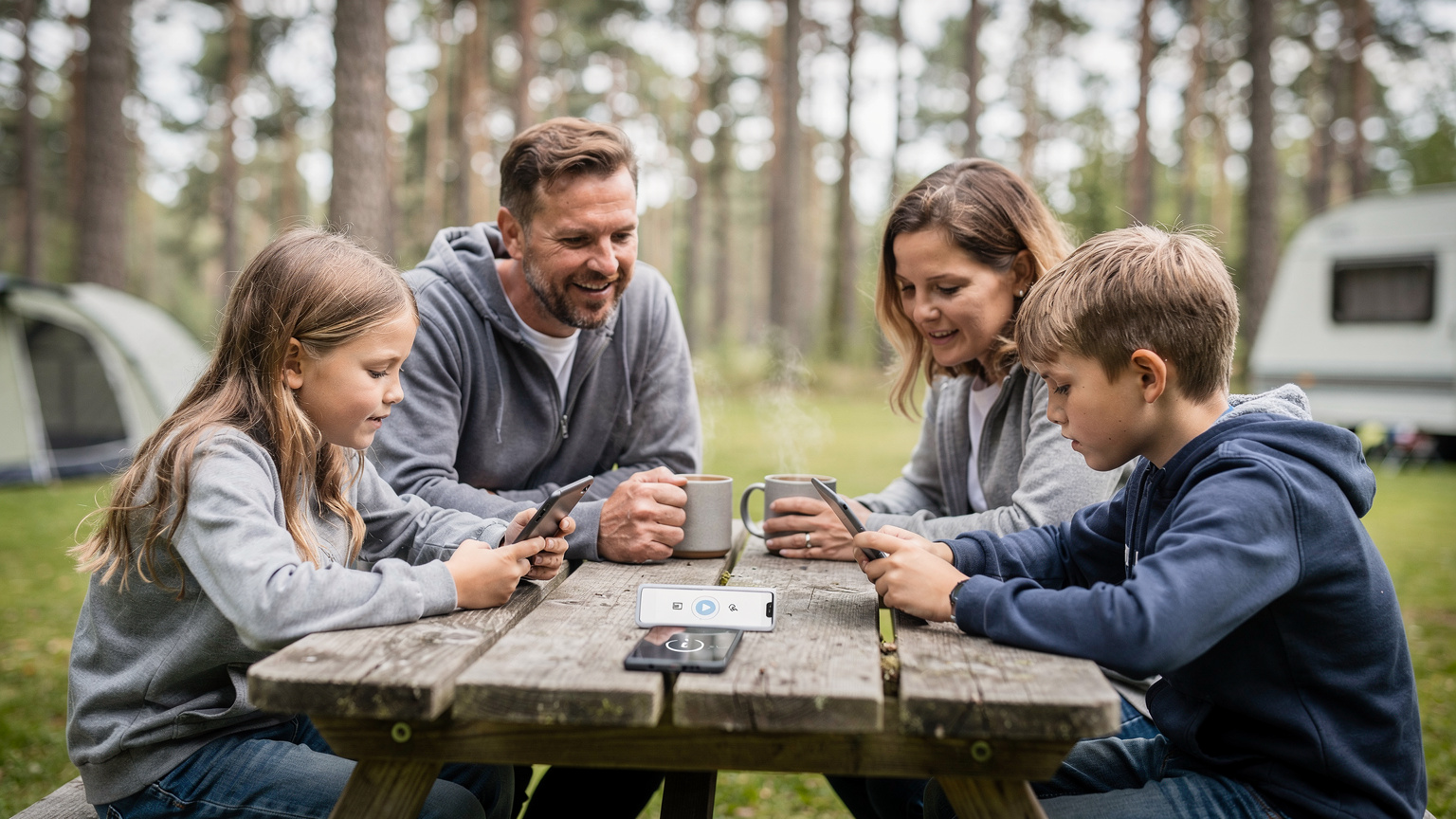 En familj sitter vid ett campingbord utomhus, föräldrarna dricker kaffe och barnen spelar på sina surfplattor. En smartphone med eSIM-logga syns på bordet.
