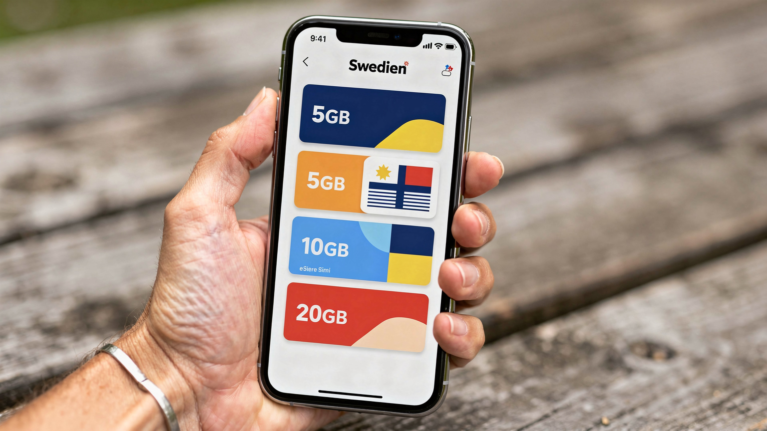 Närbild på en hand som håller en smartphone med Cellesims app öppen, skärmen visar olika eSIM-datapaket för Sverige.