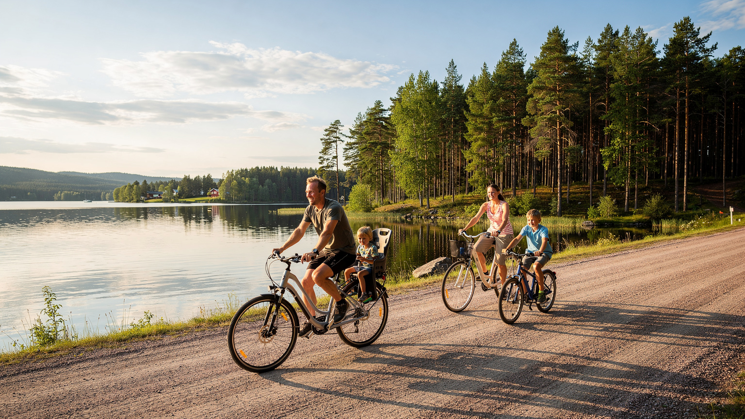 En familj cyklar på en grusväg vid en sjö i Sverige, med skog i bakgrunden. En pappa cyklar framför med ett barn på pakethållaren, mamman cyklar bakom med ett annat barn.