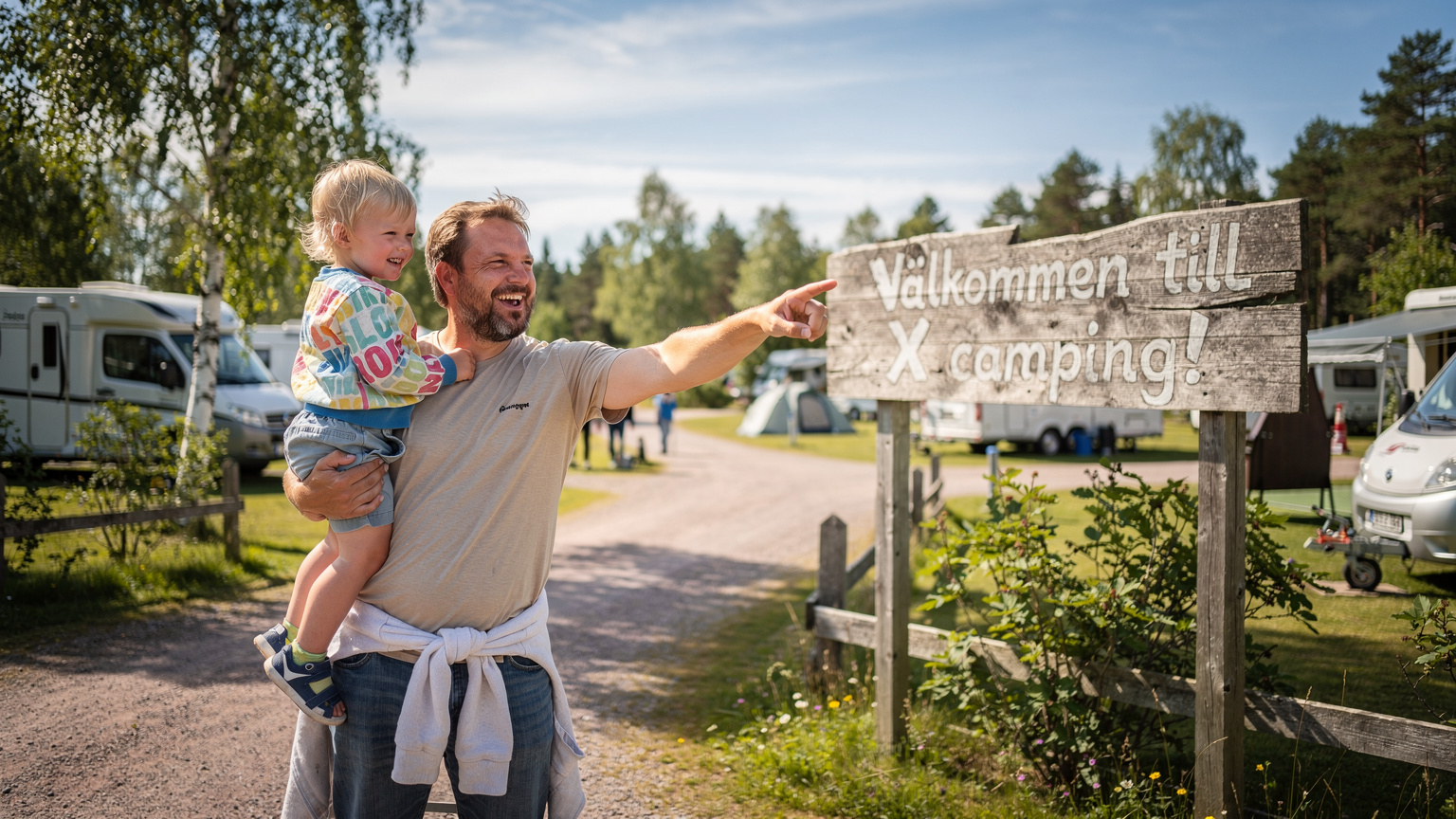 En pappa med ett litet barn på armen pekar mot en skylt på en campingplats där det står "Välkommen till X camping!". I bakgrunden syns husbilar och tält.