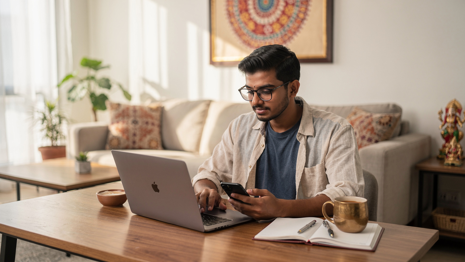 एक आधुनिक भारतीय घर में, एक छात्र लैपटॉप और स्मार्टफोन पर 5G eSIM कनेक्टिविटी का उपयोग करते हुए ऑनलाइन पढ़ाई कर रहा है, जिसके बैकग्राउंड में एक पारंपरिक रंगोली डिजाइन है.