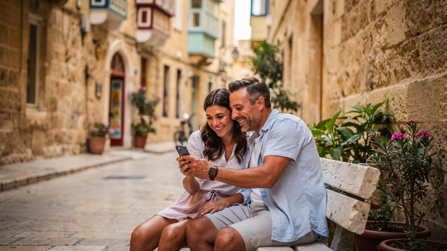 Usmívající se pár si prohlíží telefon na lavičce v klidné, malebné uličce Valletty, obklopen historickými budovami.