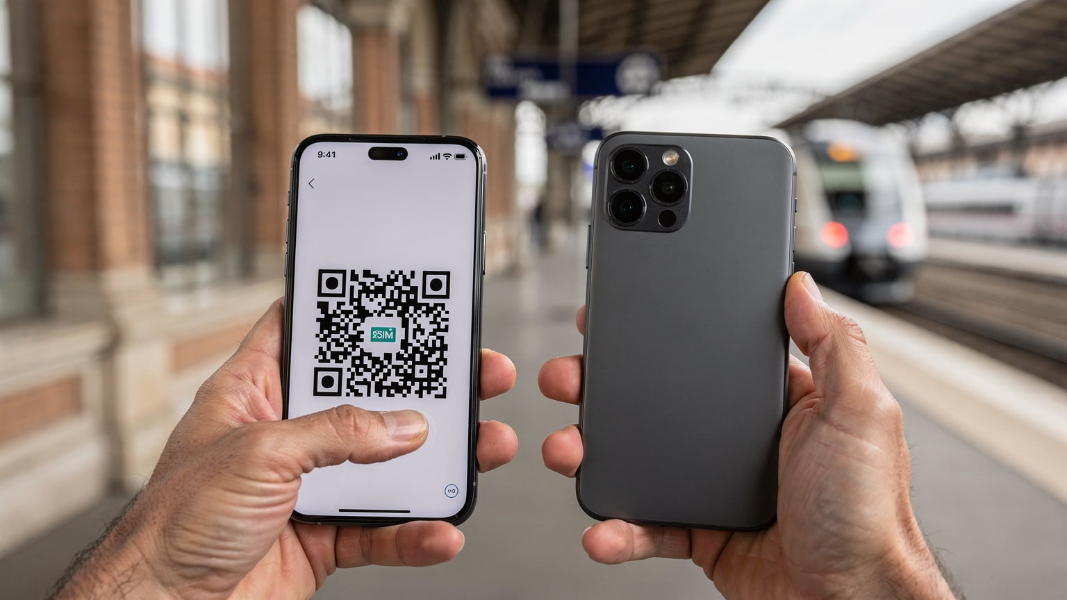 Χέρια ταξιδιώτη που κρατούν ένα smartphone και σκανάρουν έναν κωδικό QR για την ενεργοποίηση της eSIM, με φόντο έναν ιταλικό σιδηροδρομικό σταθμό.