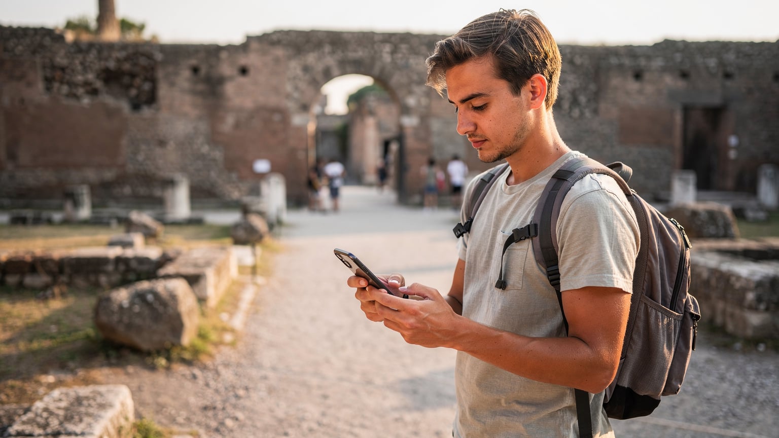 Ένας ταξιδιώτης με ένα smartphone στο χέρι, κοιτάζει τους χάρτες στην είσοδο της Πομπηίας, με τους αρχαίους τοίχους να τον περιβάλλουν.