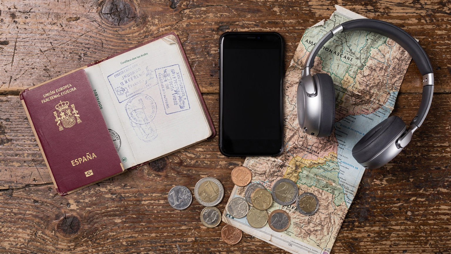 Un flat-lay editorial con un pasaporte de España abierto, un smartphone, unos auriculares de viaje, un mapa de papel de la zona andina, y unas monedas de euro y dólar esparcidas sobre una mesa de madera rústica.