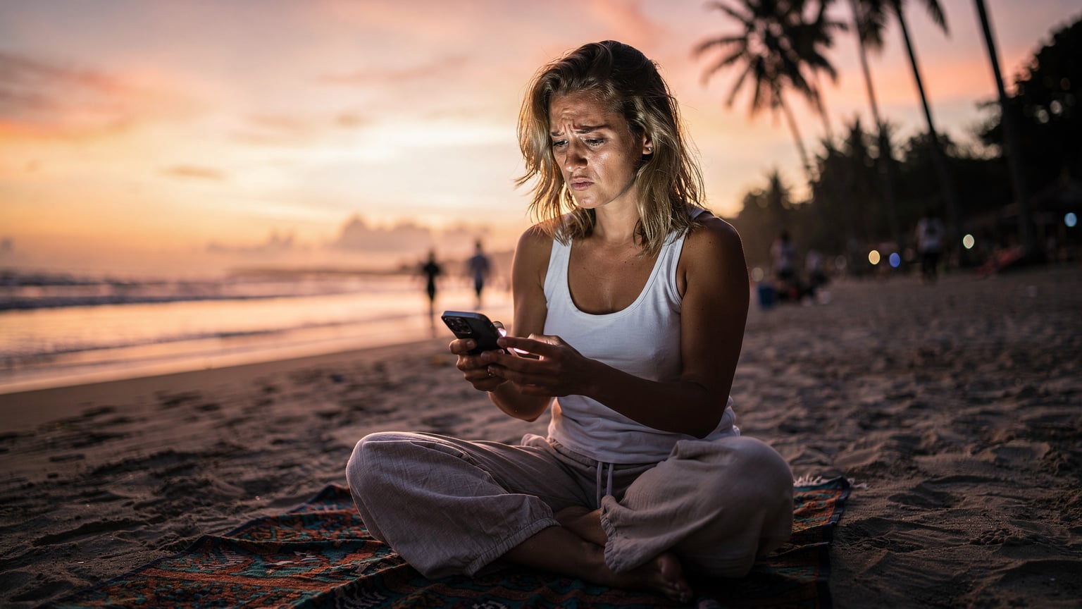 Bir dijital göçebe, Bali'deki Kuta Plajı'nda gün batımını izlerken telefonundaki internet hız testi uygulamasının sonuçlarını kontrol ediyor.