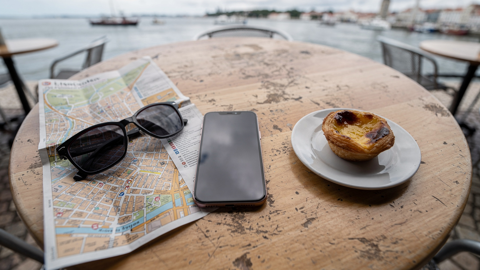 Uma mesa de café em Lisboa com um iPhone 18, um mapa físico de Lisboa e um pastel de nata, com o Tejo ao fundo.