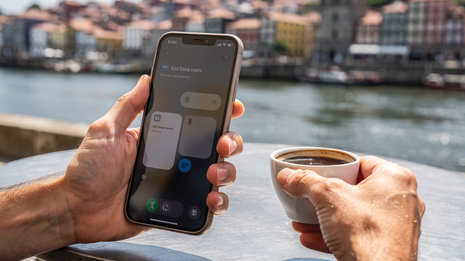 Mãos de um viajante segurando um iPhone com a tela de configurações de eSIM aberta, enquanto toma um café na esplanada de um café na Ribeira, Porto.