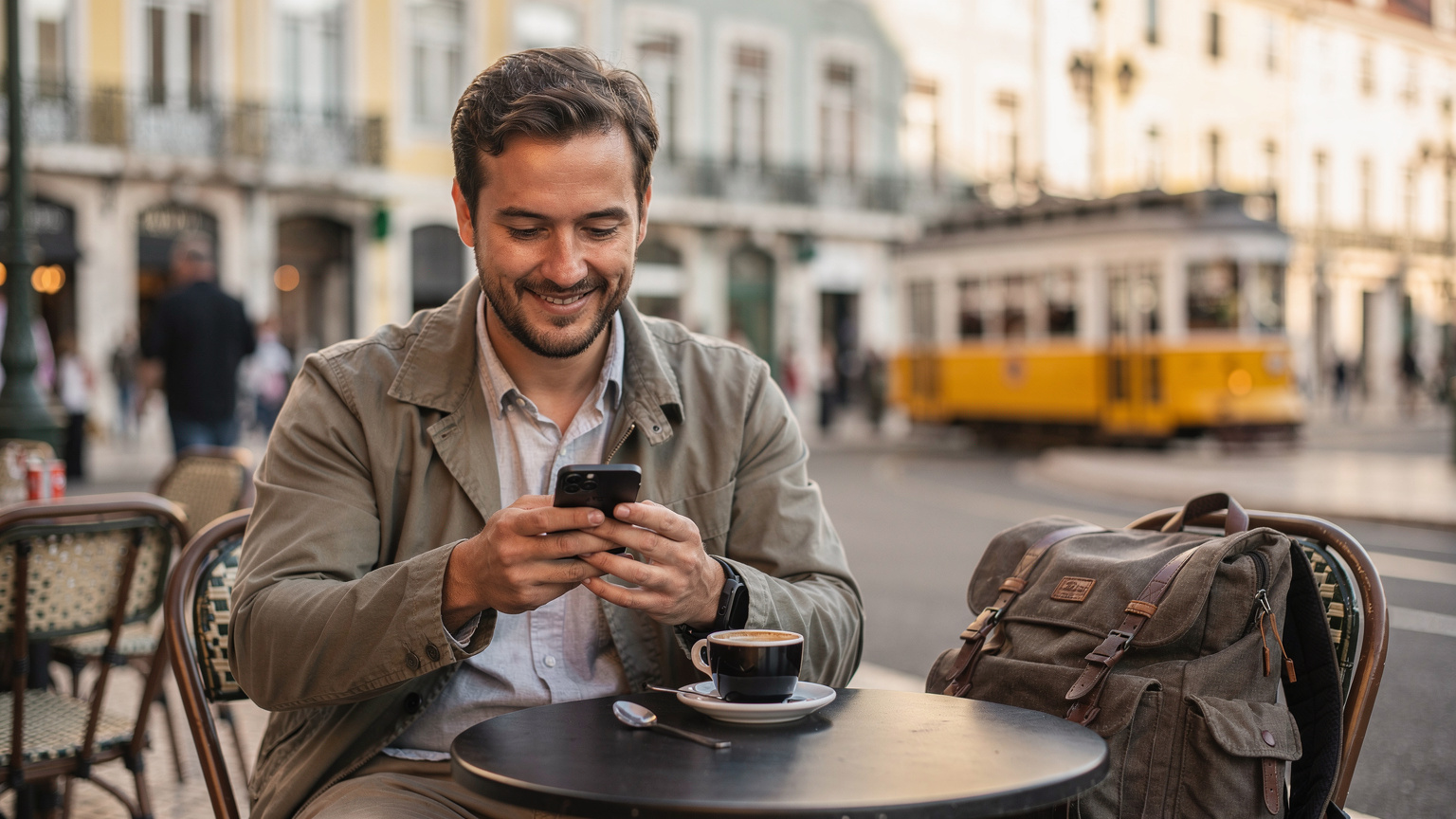 Um viajante ativando um eSIM em seu iPhone na esplanada de um café em Lisboa, com a Baixa Pombalina ao fundo, desfrutando de uma bica.