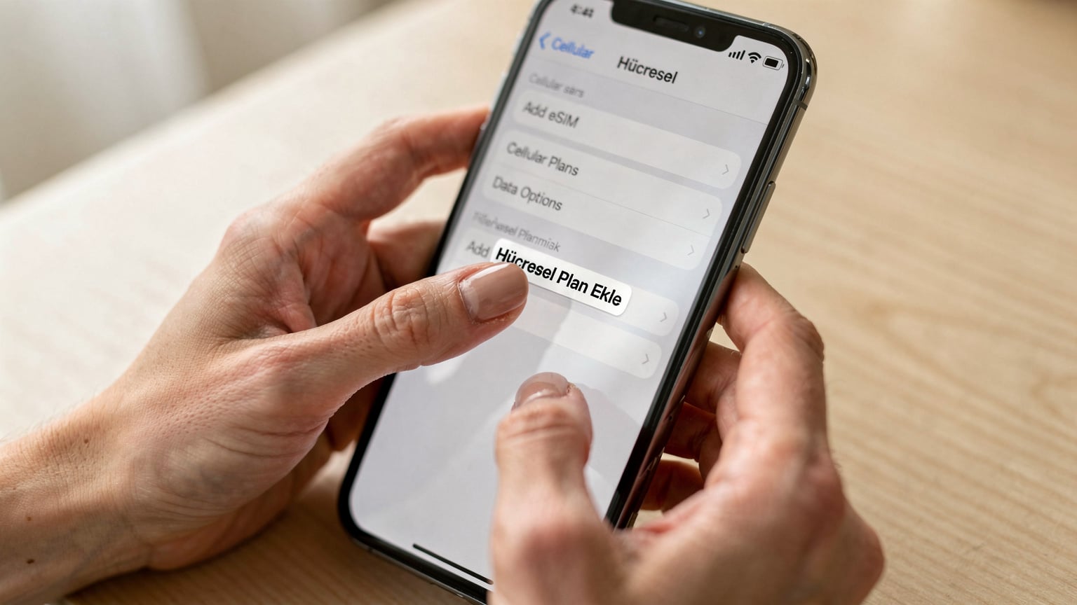 Bir yetişkinin elleri, bir akıllı telefonun ayarlar menüsünde eSIM ekleme seçeneğine dokunurken gösteriliyor. Ekranın bir kısmı flulaştırılmış, odak parmakların ve menüdeki metnin üzerinde.