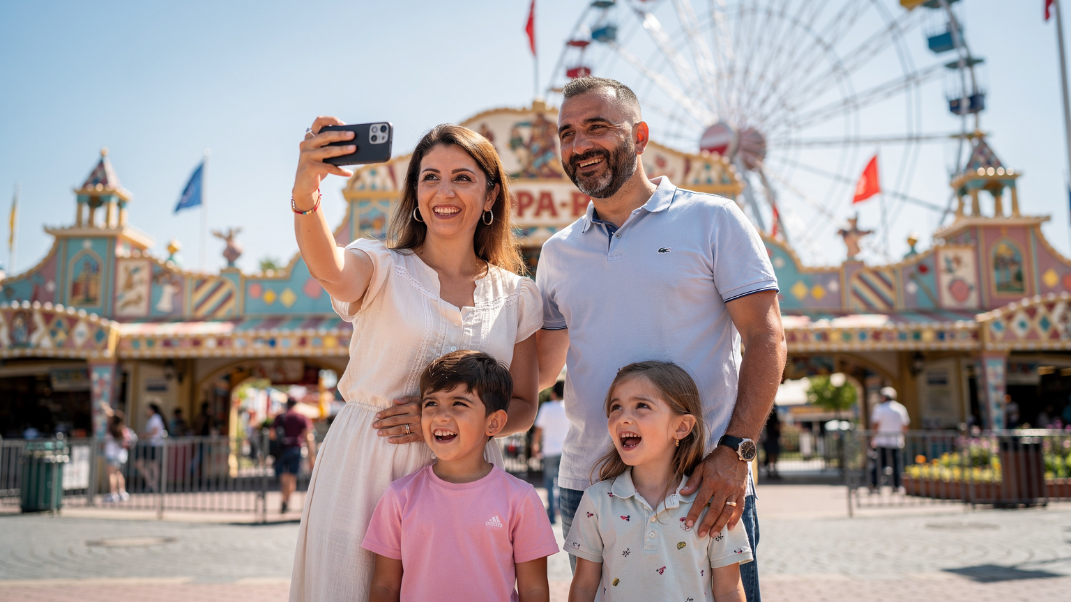Neşeli bir Türk ailesi, Almanya'daki Europa-Park'ın girişinde, anne telefonundan biletleri ve park uygulamasını kontrol ediyor. Arka planda renkli bir dönme dolap görünüyor.