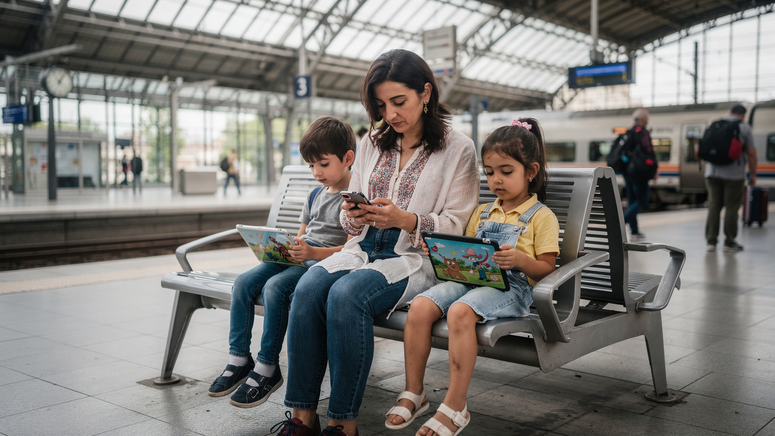 Bir anne ve çocukları, tren istasyonunda beklerken tabletlerini kullanarak eğleniyorlar. Anne telefonundan interneti kontrol ederken, çocuklar çizgi film izliyor.