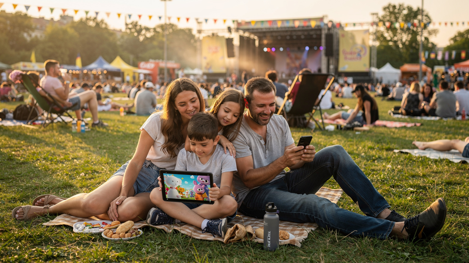 O familie română (părinți și doi copii) este așezată pe o peluză verde la un festival de muzică din Budapesta, Ungaria, bucurându-se de atmosfera relaxată. Un iPad cu un film Disney+ este pe genunchii unui copil, iar părintele navighează pe telefon.