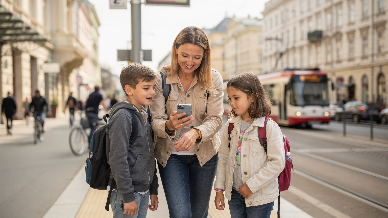 O mamă zâmbitoare, cu doi copii (un băiat și o fată) de aproximativ 10 ani, verifică rutele de transport public pe telefonul ei, în timp ce așteaptă un tramvai în centrul Vienei, Austria. În fundal se văd clădiri istorice și o stradă animată.