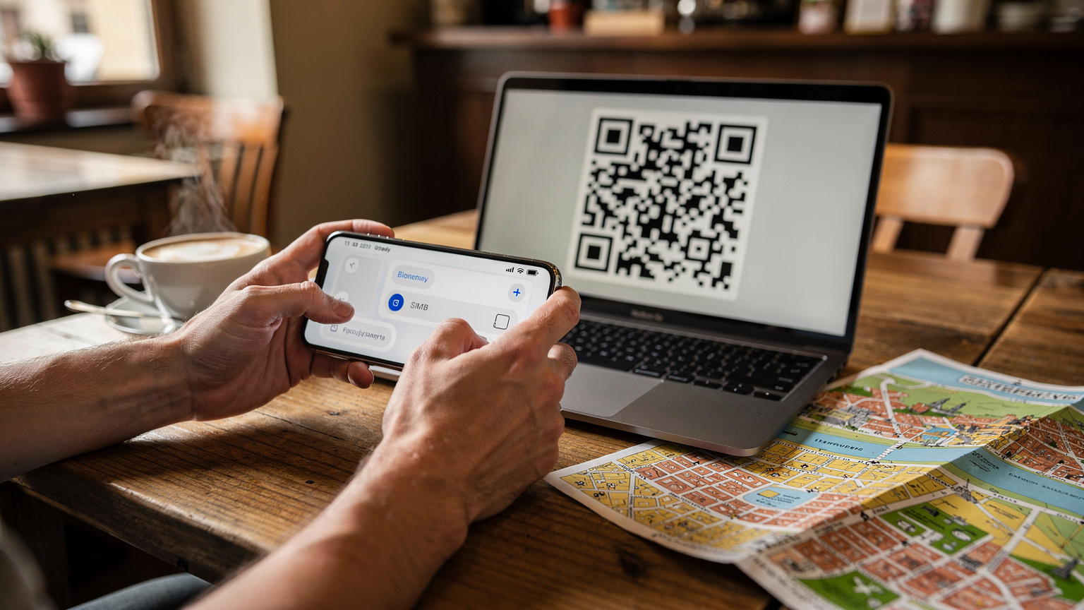 Două mâini de adult configurează un eSIM pe un smartphone, cu un cod QR afișat pe ecranul unui laptop, într-un mediu de cafenea din Budapesta, Ungaria. O cană de cafea fumegândă și o hartă turistică sunt pe masă.