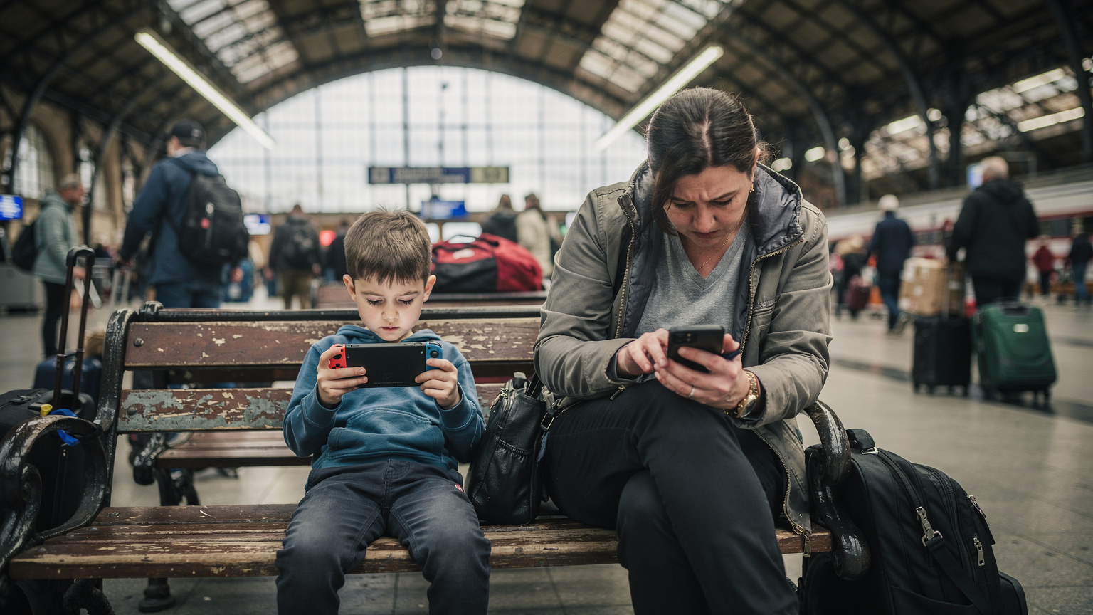 Un băiat de aproximativ 9 ani, plictisit, stă pe o bancă într-o gară aglomerată din Budapesta (Keleti pályaudvar), Ungaria, uitându-se la un Nintendo Switch în timp ce un adult (părintele) verifică orarul trenurilor pe telefon, cu o expresie ușor îngrijorată.