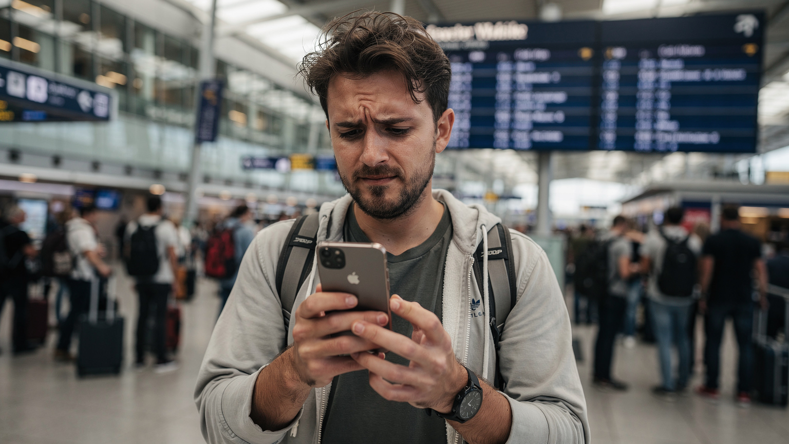 Cestovatel, který vypadá frustrovaně, drží telefon s obrazovkou ukazující „žádné připojení k internetu“ na rušném letišti ve Frankfurtu, s davy lidí procházejících kolem.