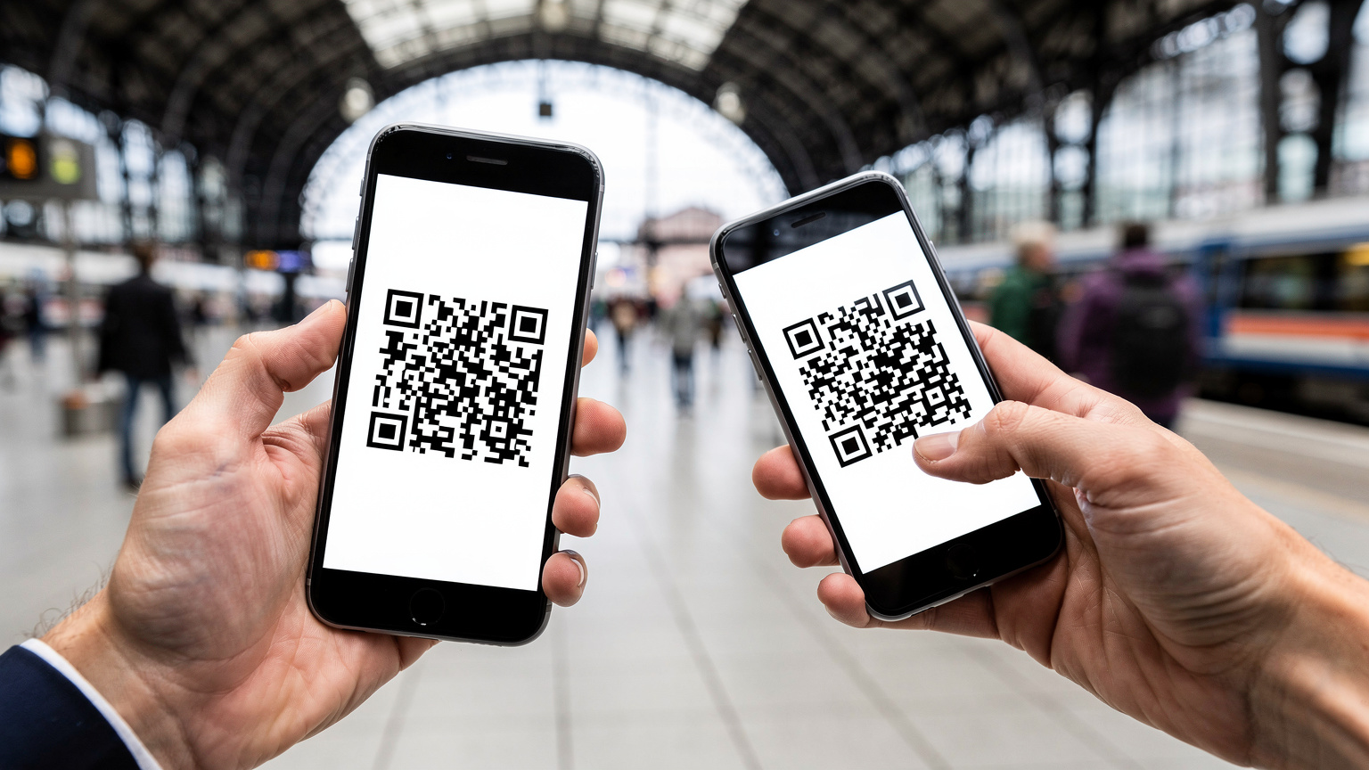 Detailní záběr na ruce cestovatele, který na svém chytrém telefonu naskenuje QR kód pro aktivaci eSIM karty, s rozmazaným pozadím typického německého nádraží.
