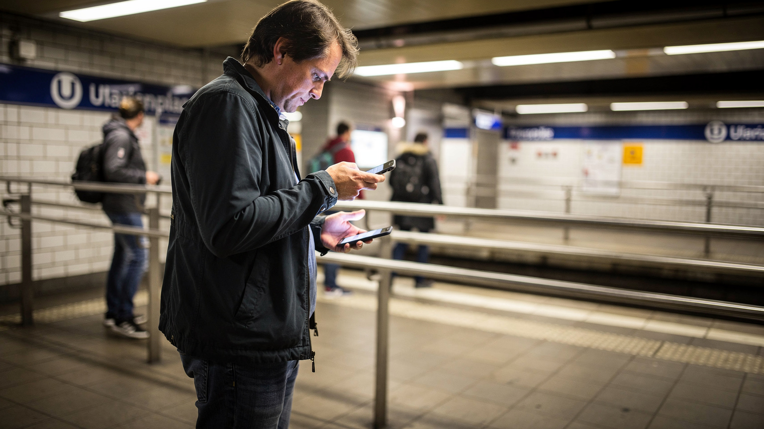 Cestovatel s telefonem v ruce kontroluje aplikaci pro veřejnou dopravu na rušné stanici U-Bahn v Mnichově, s typickým designem a cestujícími v pozadí.