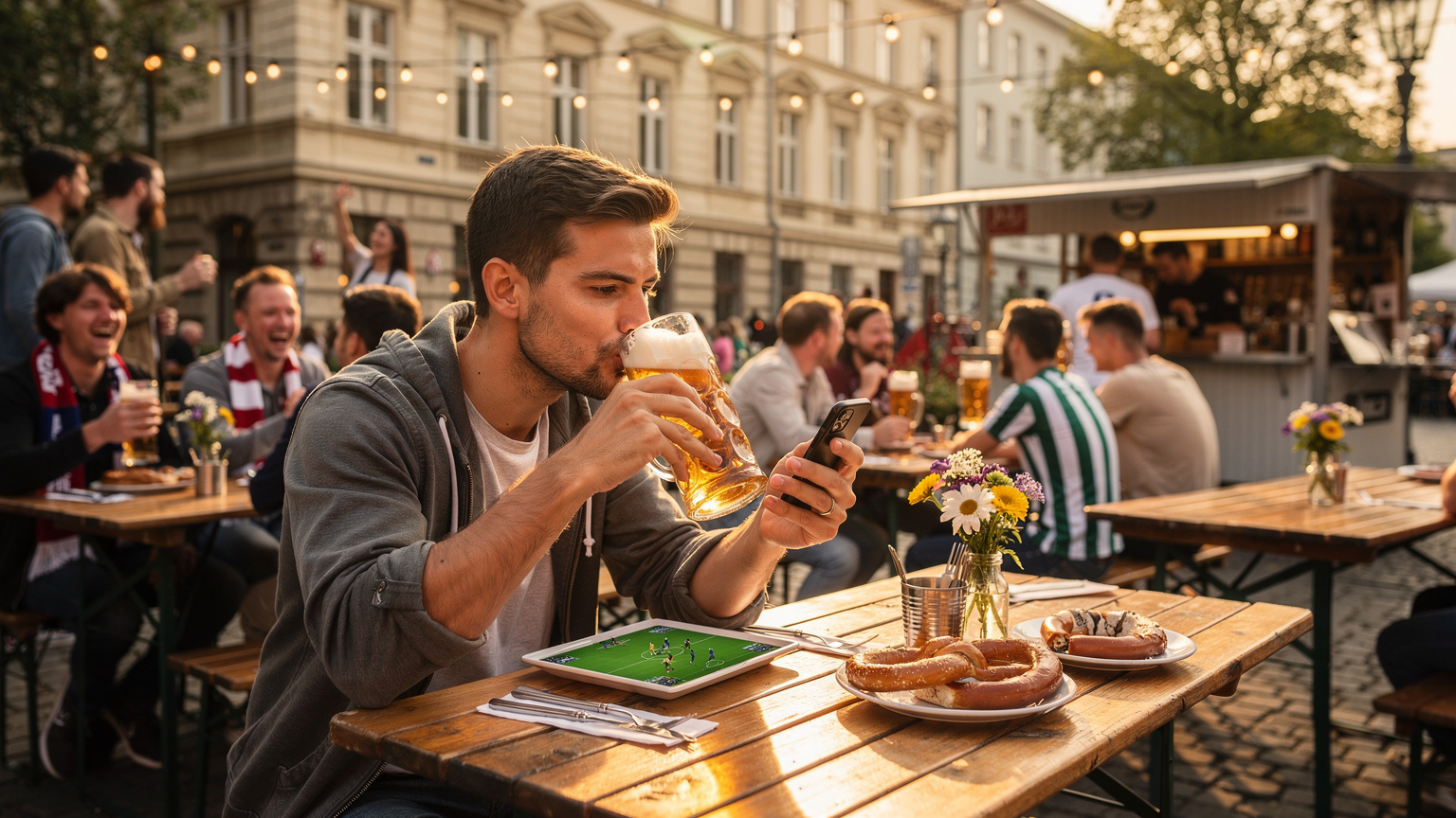 Mladý muž sleduje fotbalový zápas na svém telefonu v rušném berlínském pivním stánku, s dalšími fanoušky a charakteristickou německou architekturou v pozadí.