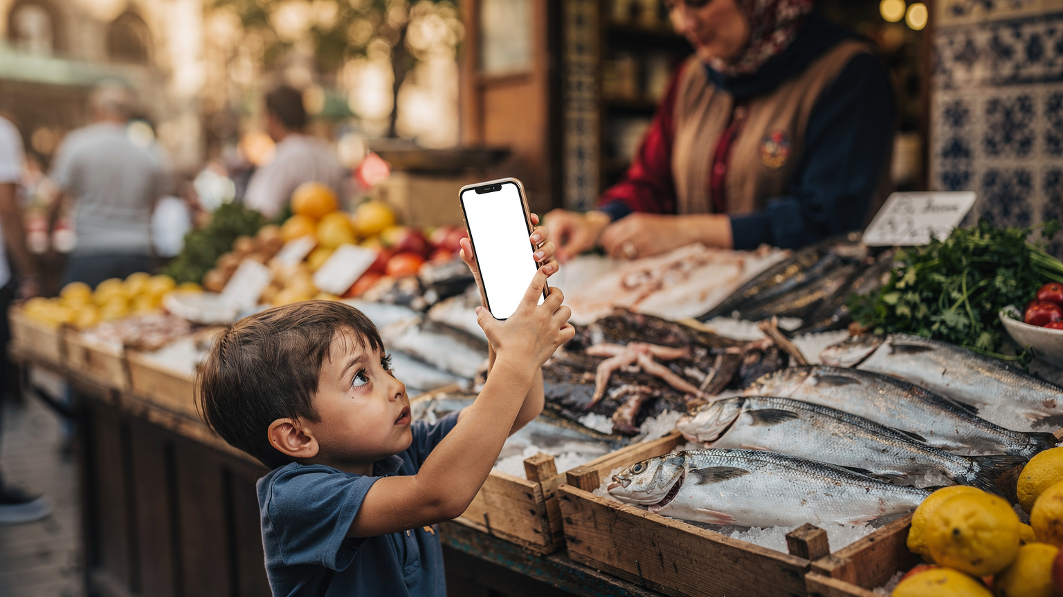 İstanbul'da bir balıkçının tezgahının önünde, bir çocuk annesinin elini tutmuş, merakla telefon ekranına bakarken, anne eSIM uygulamasından veri planını kontrol ediyor.
