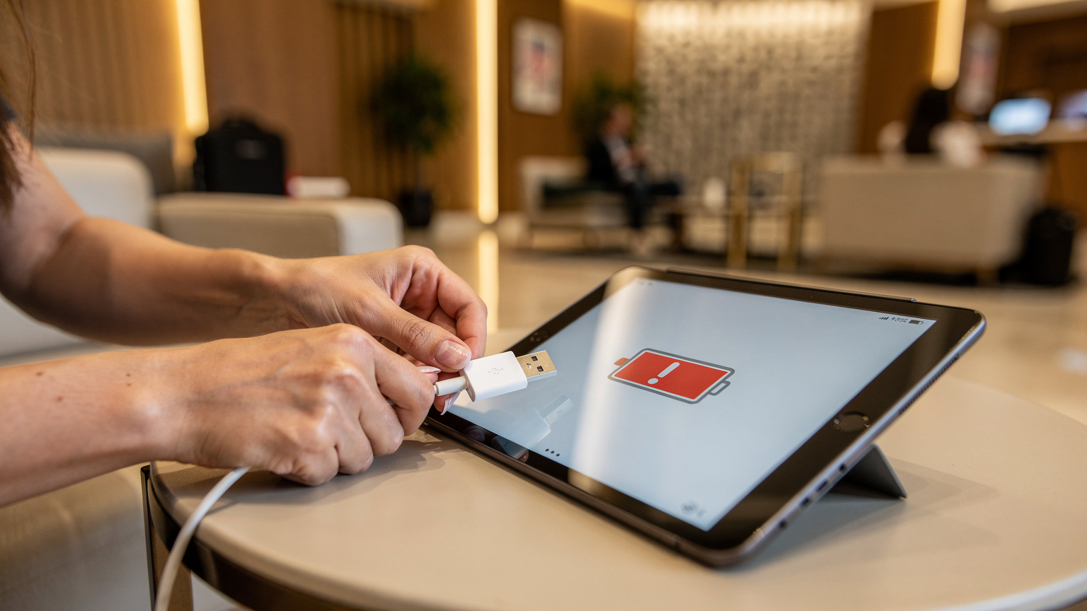 Bir annenin eli, İstanbul'da bir otelin lobi alanında, tabletine şarj kablosu takmaya çalışırken yakın çekim. Tablet ekranı, düşük pil uyarısı gösteriyor.
