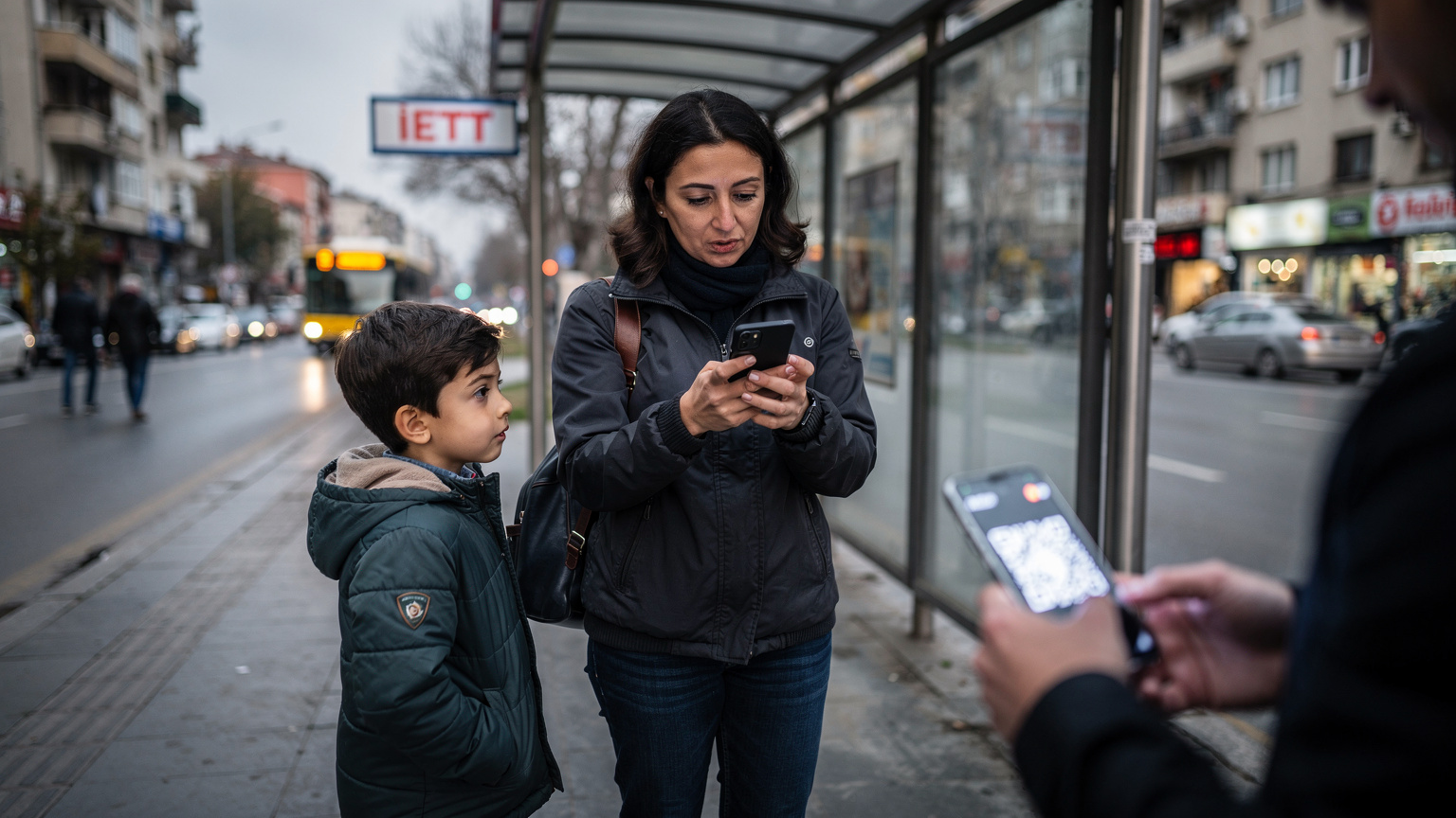 İstanbul'da hareketli bir otobüs durağında, bir anne akıllı telefonundan bir QR kodu tarayarak eSIM kurulumunu tamamlarken, çocuğu yanında sabırsızlıkla bekliyor.