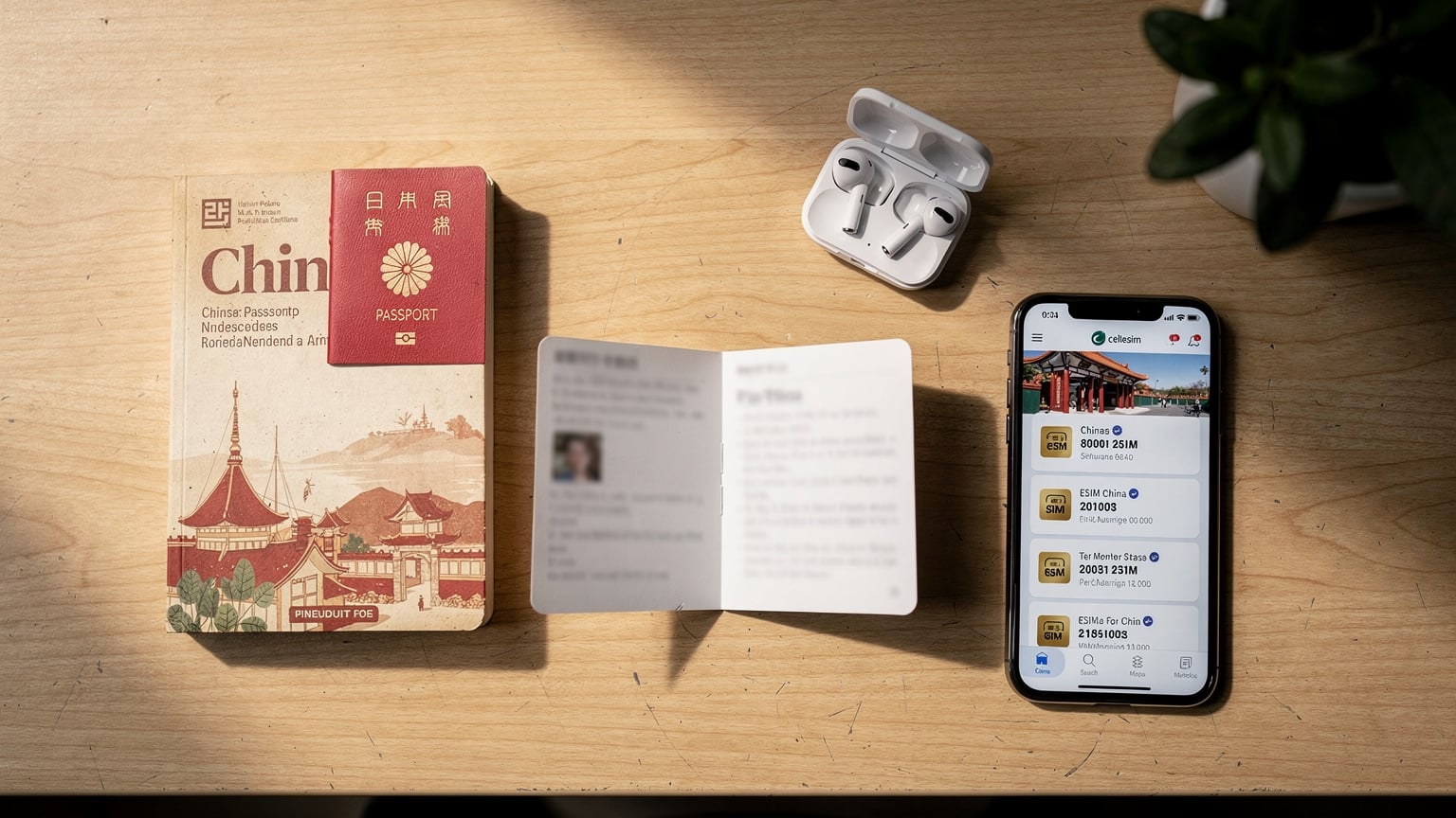 自宅の書斎で、開かれたパスポート、中国の旅行ガイドブック、そしてCellesimのウェブサイトが表示されたスマートフォンが机の上に並べられている。